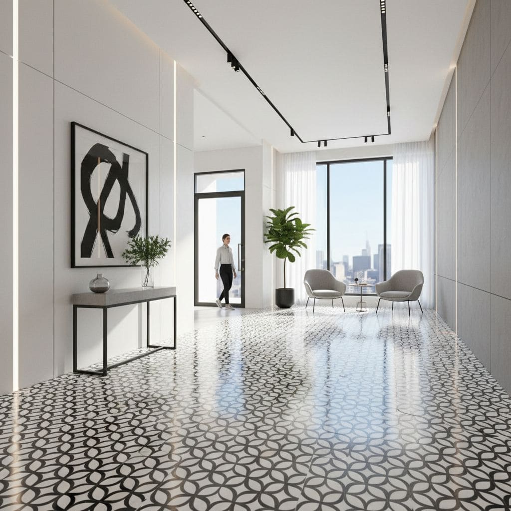 Bright, spacious living room with geometric patterned tile flooring and minimalist decor.