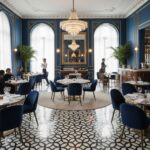 Blue and white patterned ceramic tile with a geometric design, glossy finish, in a luxurious restaurant interior.