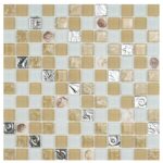 Colorful glass mosaic tile with beige, white, and decorative accents.