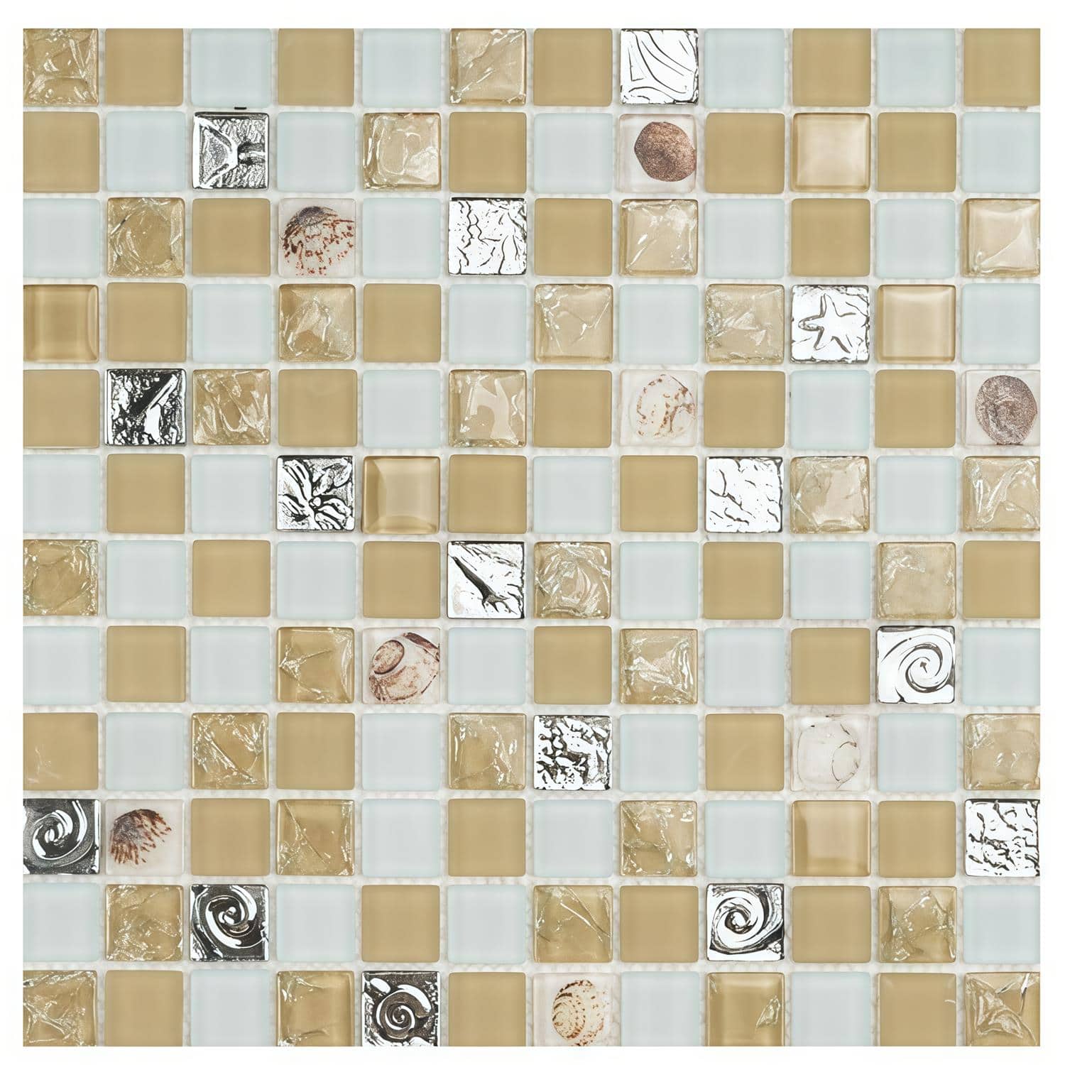 Colorful glass mosaic tile with beige, white, and decorative accents.