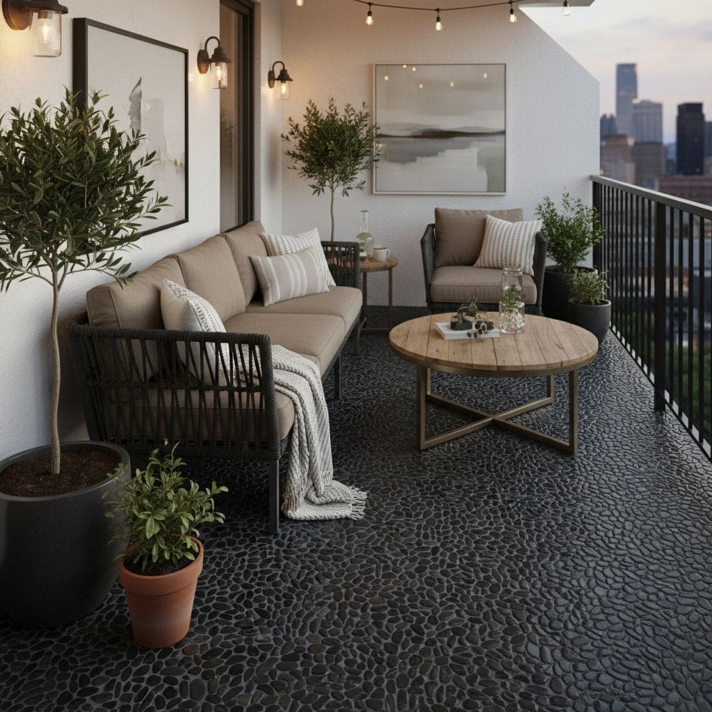 Dark pebble textured outdoor tile.