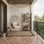 Bright, textured ceramic tile flooring with a reddish-brown pattern.