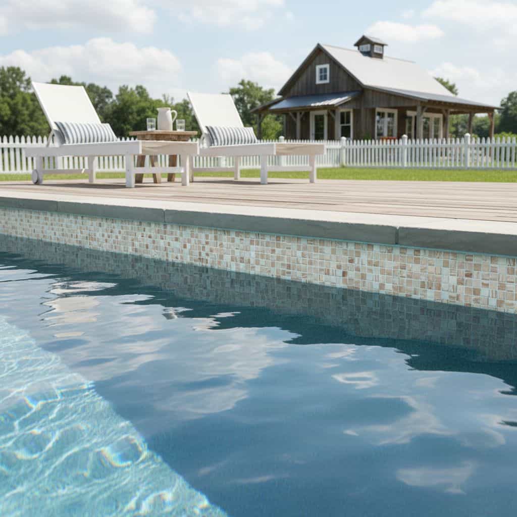 Beautiful glass tile backsplash around swimming pool.