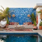 Blue glass tile backsplash for pool area, outdoor patio decor, and modern home design.