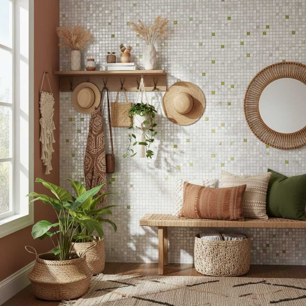 Mother of pearl shell tile wall decor with natural oyster shells and mosaic design.