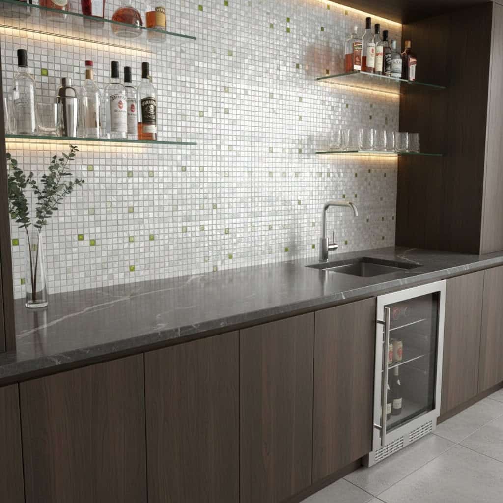 Up of a kitchen backsplash with mother of pearl shell tiles, creating a shimmering, elegant surface behind the sink and count.