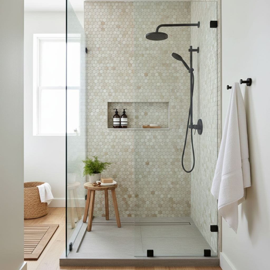A sleek shower with mother of pearl shell tiles creating a luminous, textured wall. Perfect for adding elegance and natural b.