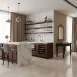 Mother of pearl shell tile backsplash behind the kitchen bar, adding a luxurious and elegant touch to the space.