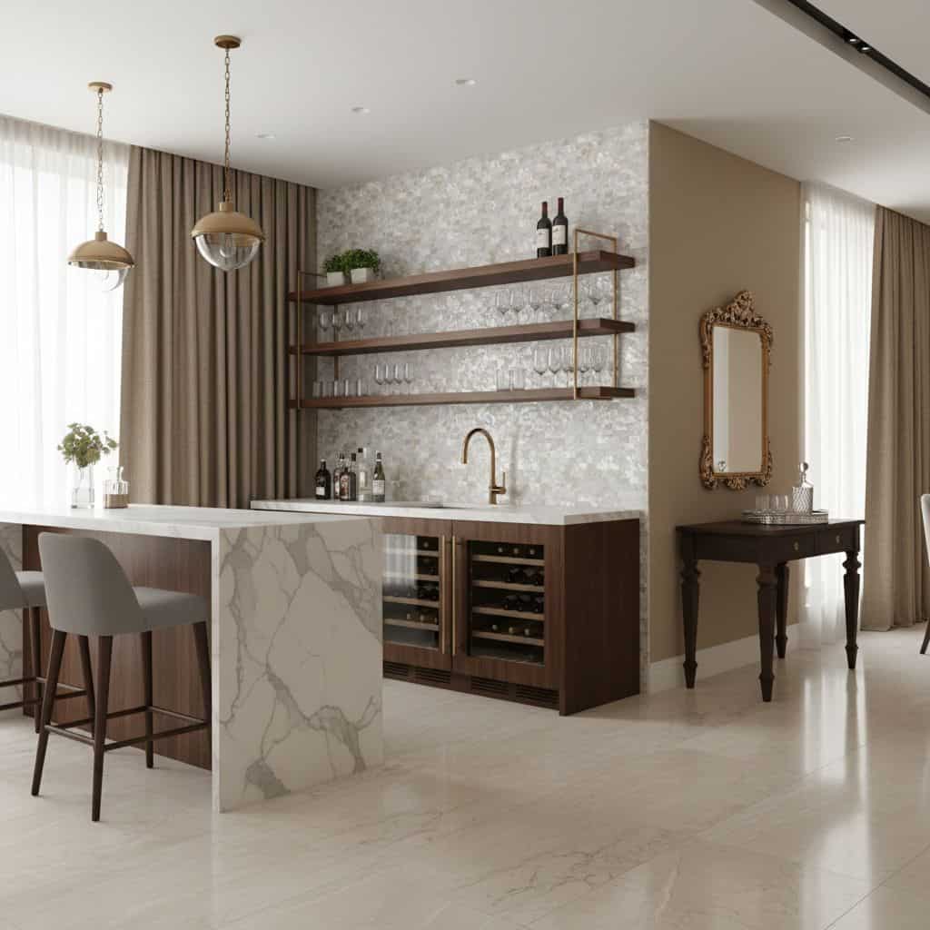 Mother of pearl shell tile backsplash behind the kitchen bar, adding a luxurious and elegant touch to the space.