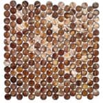 Close-up of round mother of pearl shell tiles in warm brown tones, showcasing their natural iridescence and smooth finish.