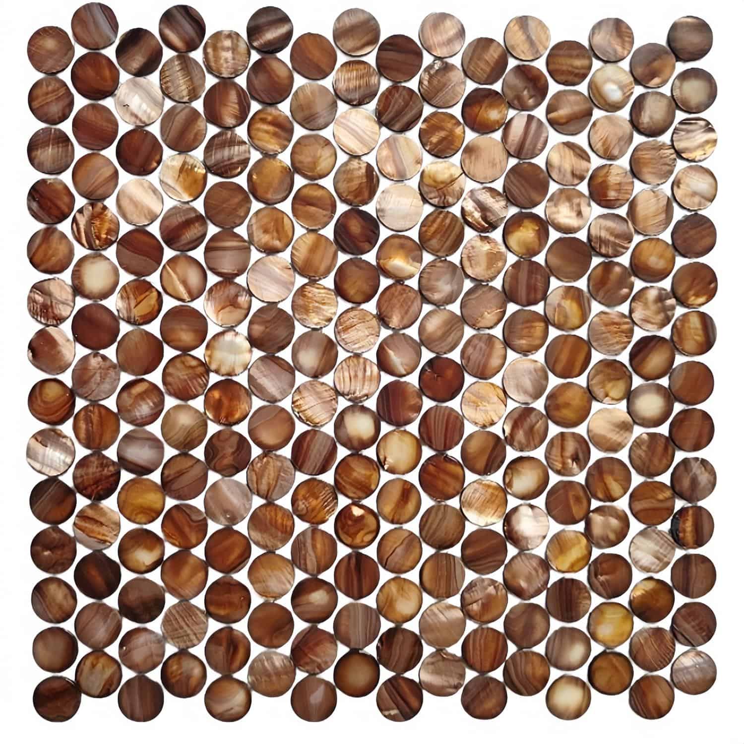 Close-up of round mother of pearl shell tiles in warm brown tones, showcasing their natural iridescence and smooth finish.
