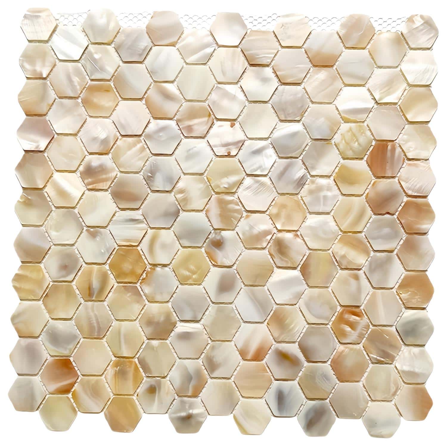 Up of hexagonal mother of pearl shell tiles showcasing iridescent, shimmering surfaces in a mosaic pattern.
