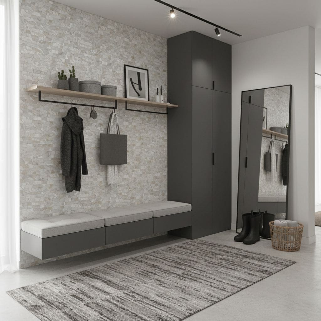 Mother of pearl shell tile used in contemporary home decor, adding a luxurious and natural touch to walls and accents.
