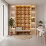 Wooden tile with geometric 3D pattern, warm brown tones, textured surface, modern design.