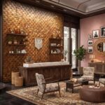 Wooden tile wall with geometric pattern in warm tones, complemented by cozy furniture and decorative accents.
