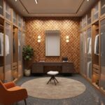 Wooden geometric patterned wall tiles in warm brown tones.