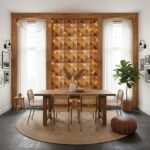 Warm-toned wooden geometric patterned tile with textured surface.