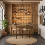 Warm-toned wooden textured tiles with geometric pattern.
