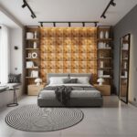 Geometric textured wall panels in warm beige tones, smooth bedding, and minimalist furniture.