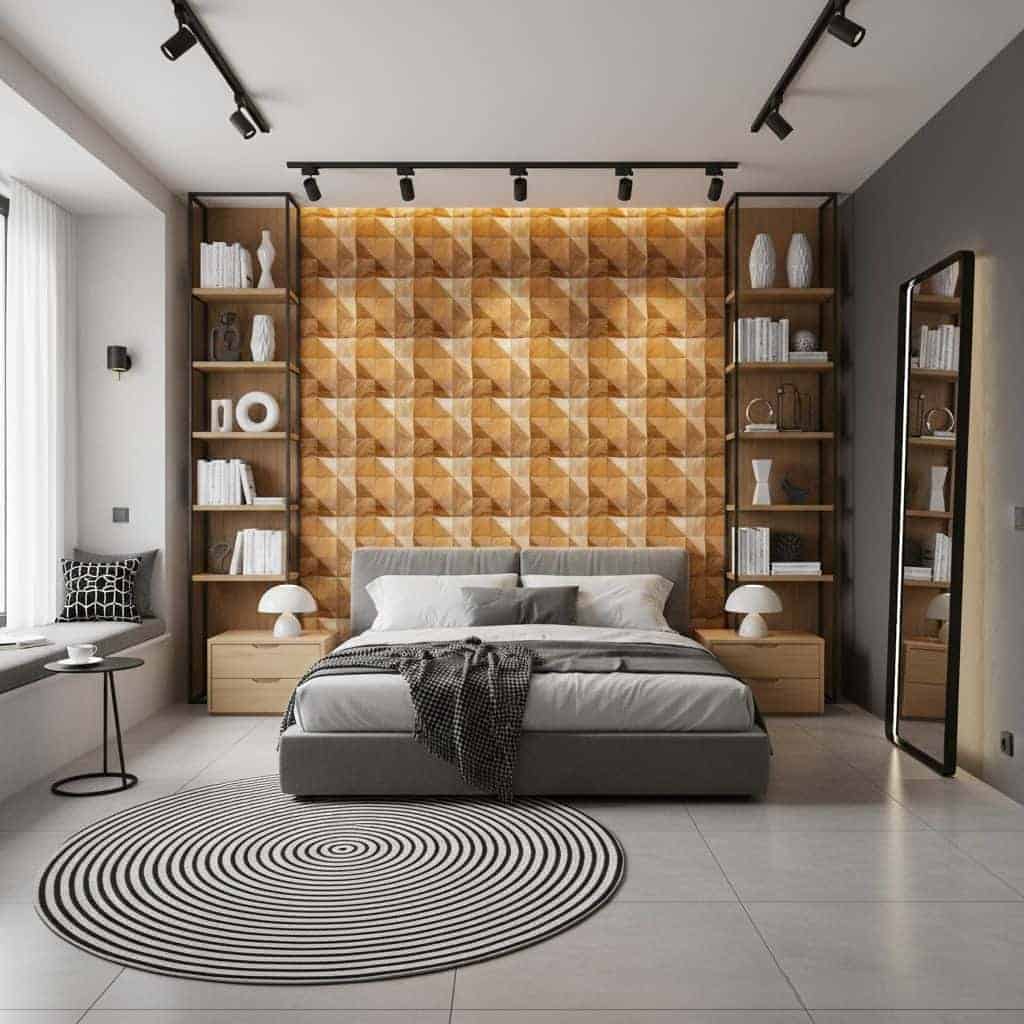 Geometric textured wall panels in warm beige tones, smooth bedding, and minimalist furniture.