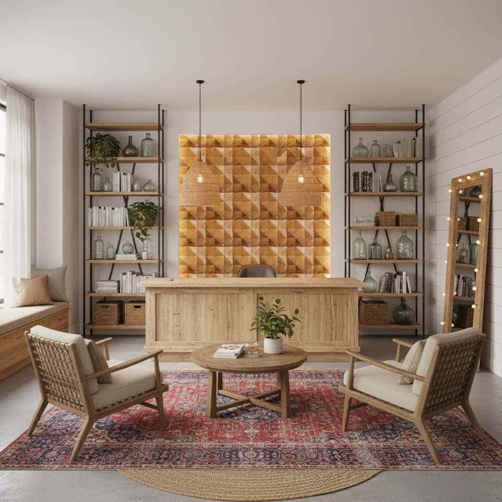 Wooden tiles with warm brown tones, textured surface, geometric pattern.