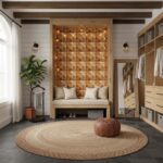Wooden wall panel with geometric pattern, warm lighting, and cozy seating.