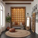 Wood wall panel with geometric 3D pattern, warm tones, textured surface, ideal for stylish home accents.