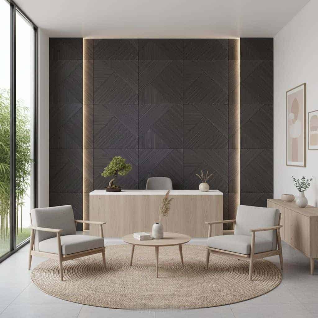 Black wood textured tiles with subtle grain and matte finish, complemented by minimalist decor and natural light.