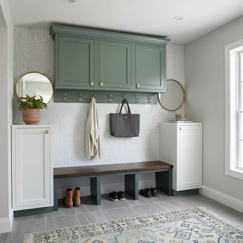 A stylish entryway featuring a shell tile wall with mother of pearl accents, complemented by white cabinets, a dark wood benc.