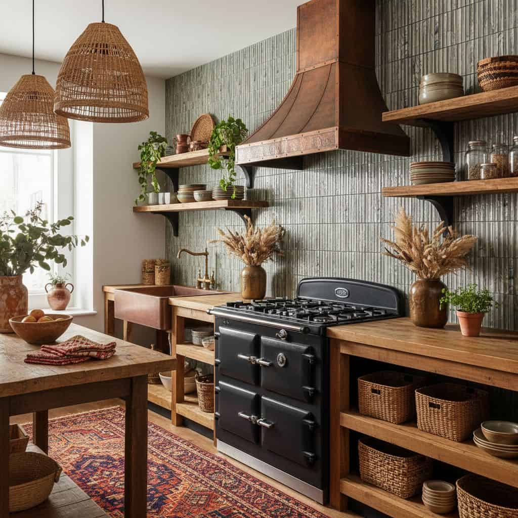 Rustic tile wall with textured gray finish, complemented by black stove and wooden open shelves with decorative pottery and g.