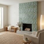 Green textured tile, matte finish, in a contemporary living room fireplace.