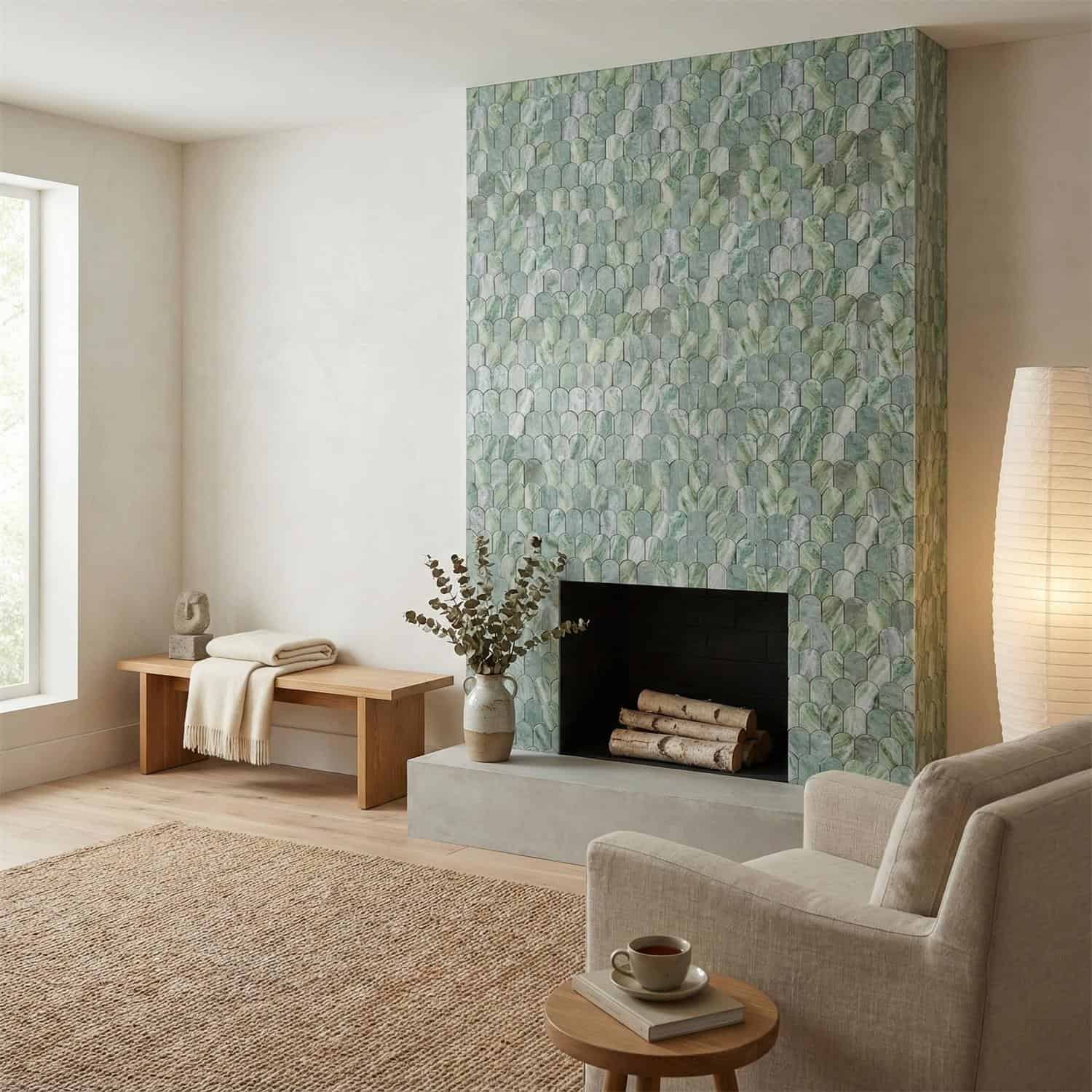 Green textured tile, matte finish, in a contemporary living room fireplace.
