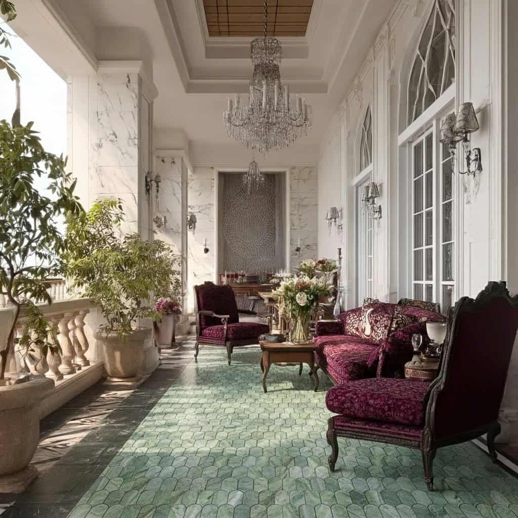 Bright sunroom with white marble walls, glass windows, and a patterned green tile floor. Features luxurious velvet furniture.