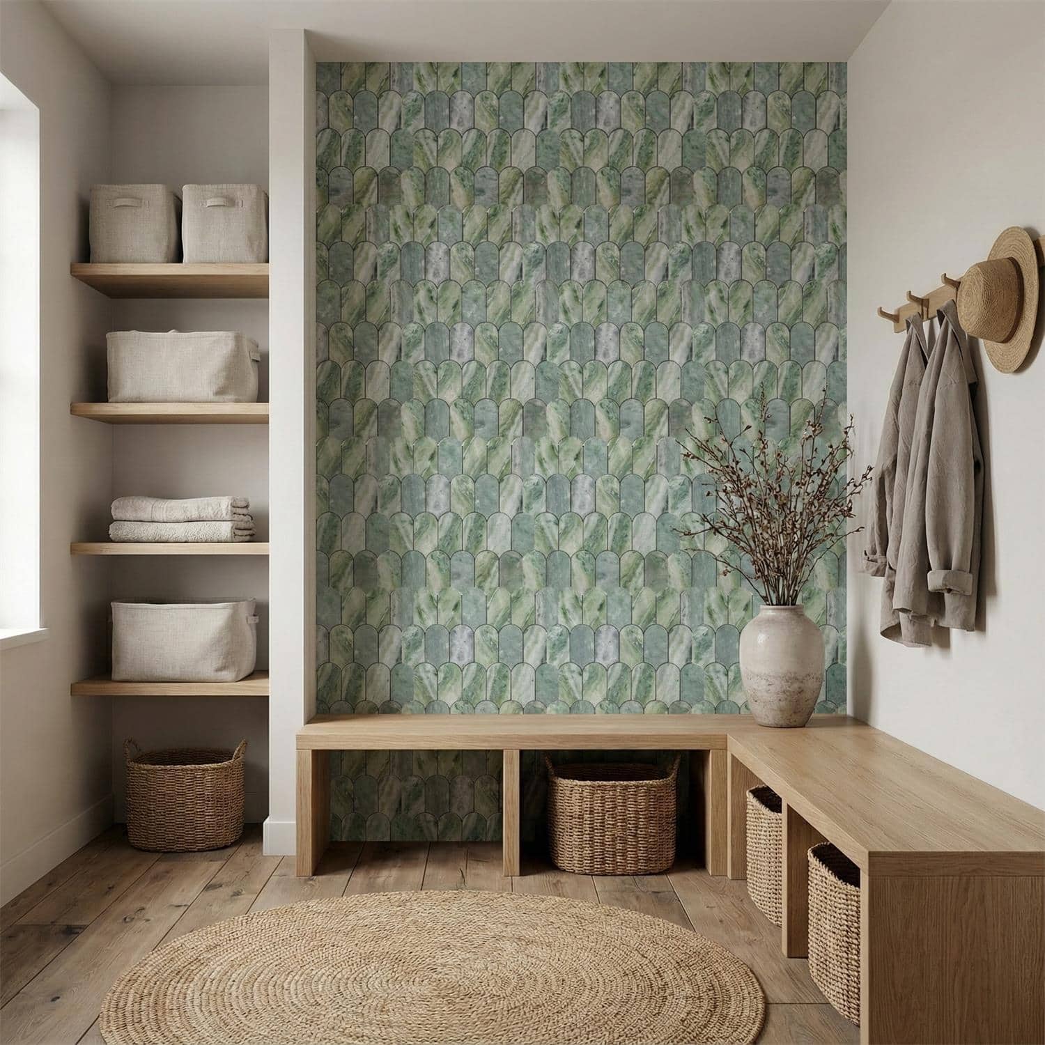 Green leaf patterned wall tile with textured surface.