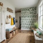 Green and white leaf-patterned ceramic wall tile, textured surface, in a bright, airy home interior.