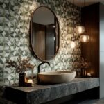 Geometric patterned wall tiles in shades of green and beige, with a matte finish, used as a decorative backsplash in a modern.