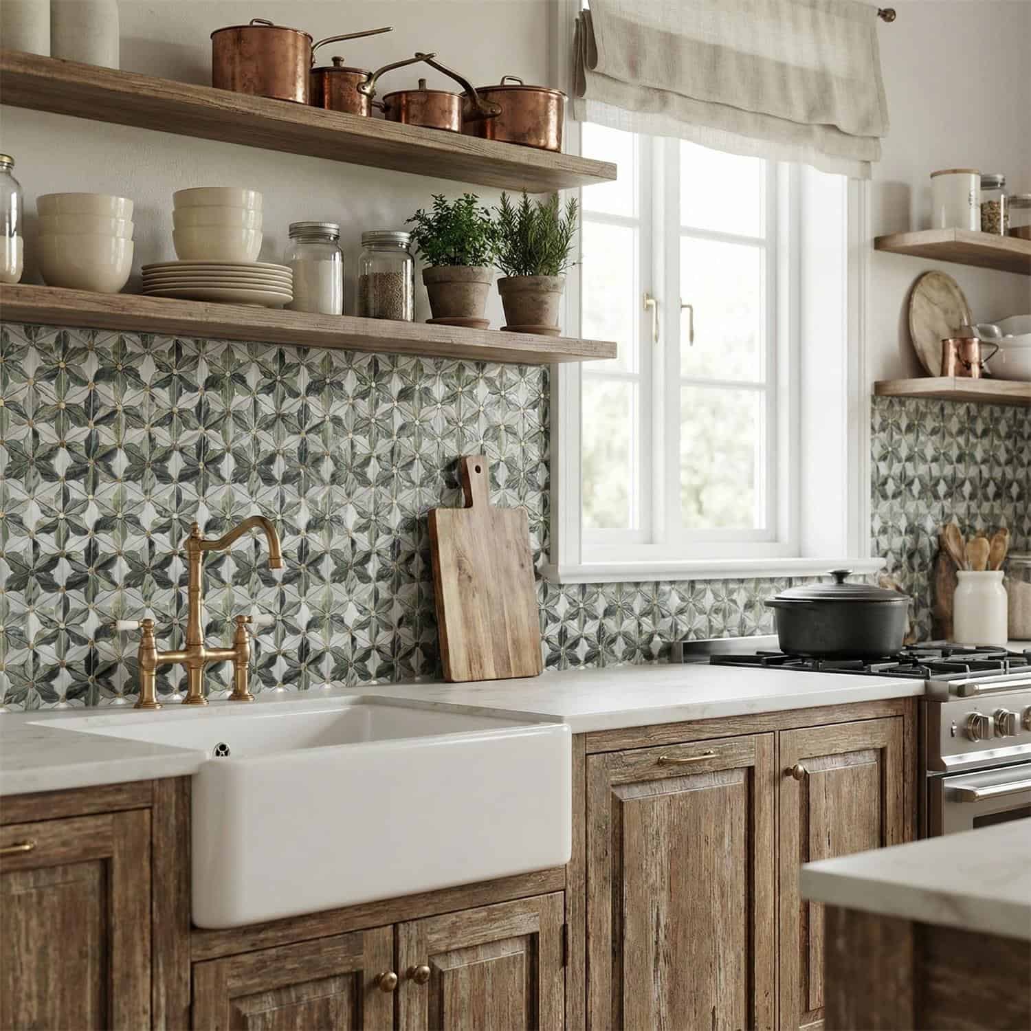 Geometric patterned tile in shades of gray and white, with a rustic wooden kitchen counter and brass fixtures.
