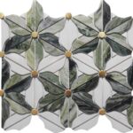 Green marble and metal mosaic tile with textured surface and geometric pattern.