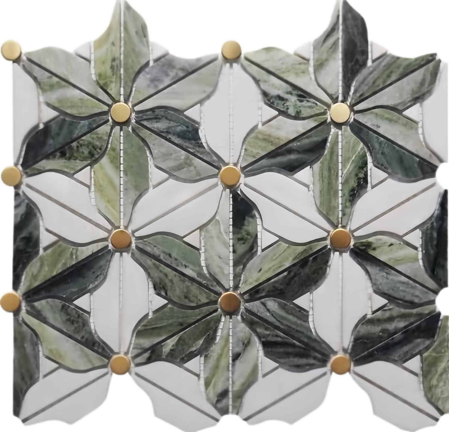 Green marble and metal mosaic tile with textured surface and geometric pattern.