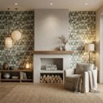 Bright, textured leaf-patterned wall tiles in shades of green and beige.