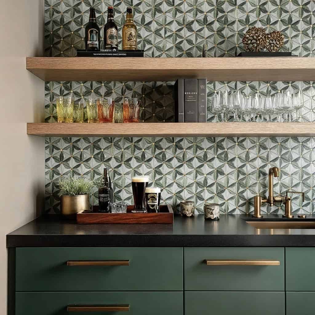 Decorative tile wall with geometric pattern in shades of green, gray, and white, featuring glassware and wooden shelves in a.