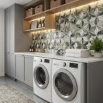 Bright geometric patterned tile with green, white, and gray tones, adding a fresh and modern touch to the laundry room.