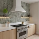Green marble textured tiles with a glossy finish in the kitchen backsplash.