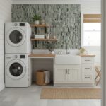 Green marble textured tile with subtle veining, used as a decorative backsplash in a laundry room.