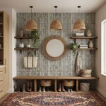 Bright, textured tile wall with woven rattan mirror, wooden shelves, and natural decor accents.