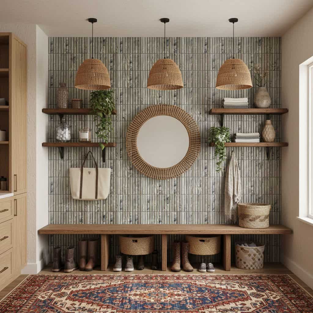 Bright, textured tile wall with woven rattan mirror, wooden shelves, and natural decor accents.