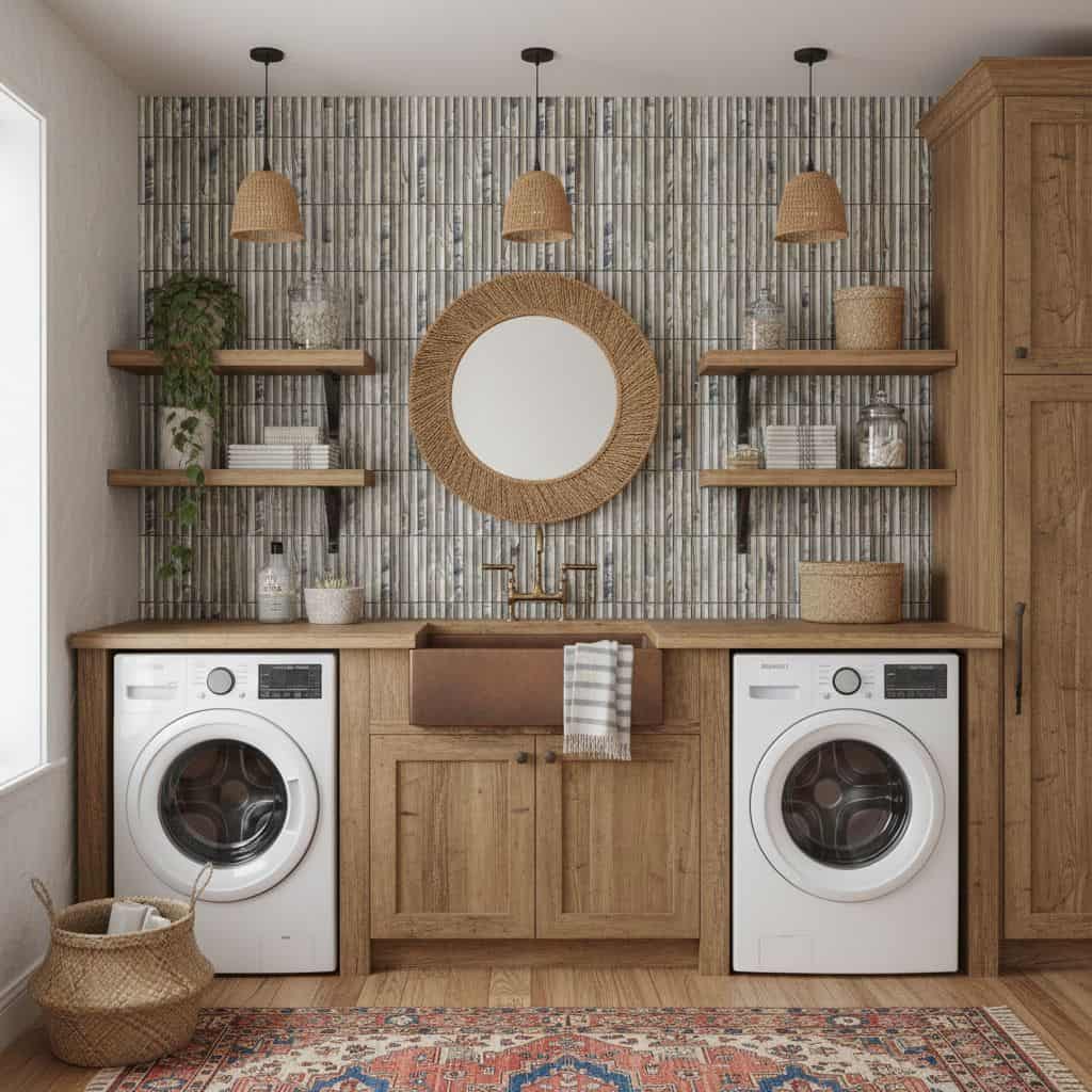 Neutral textured tile wall with vertical lines and a matte finish.