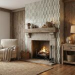 Fireplace with patterned tile, warm wooden walls, and cozy home decor.
