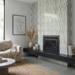 Green and white textured tile surrounding the fireplace, creating a contemporary and fresh look.