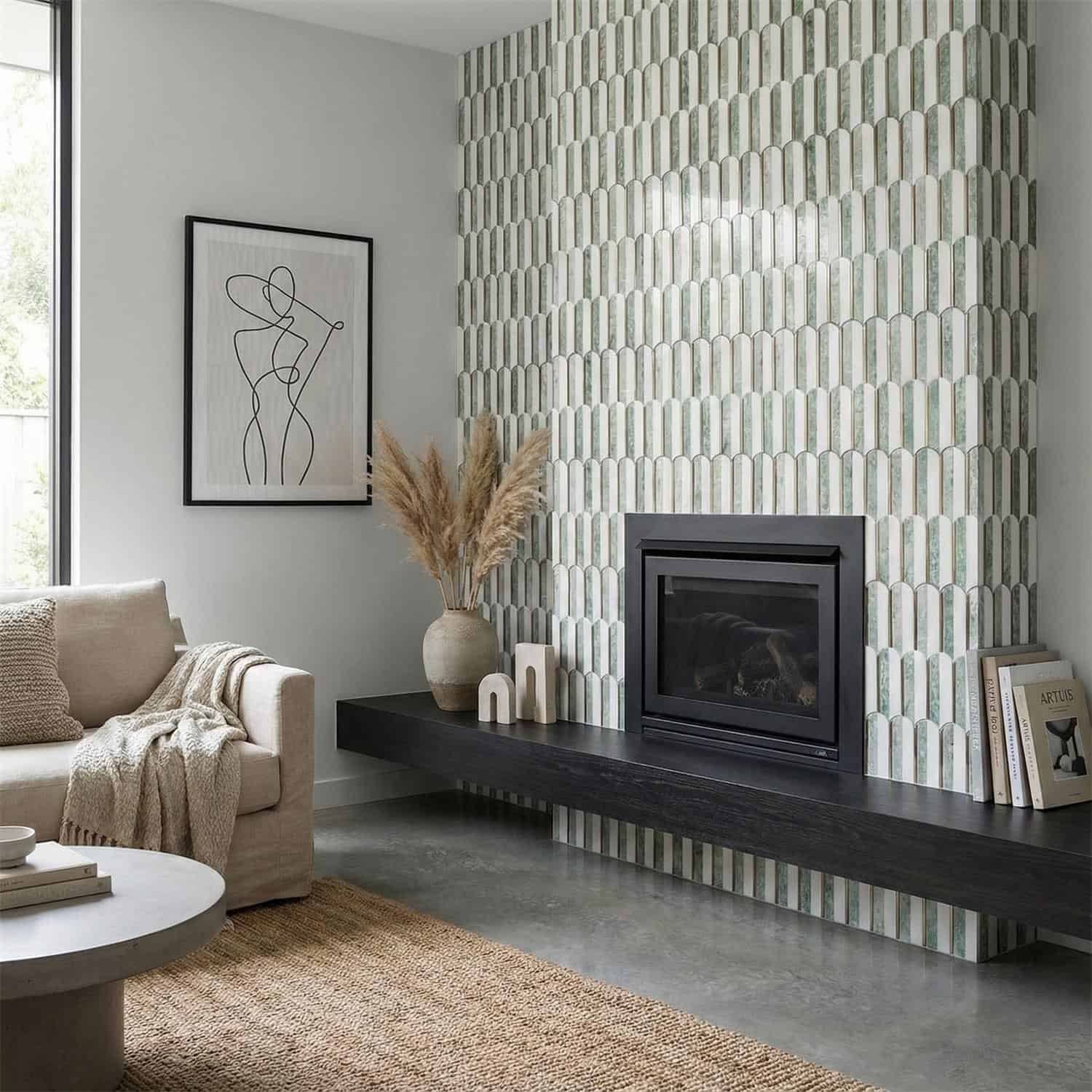 Green and white textured tile surrounding the fireplace, creating a contemporary and fresh look.